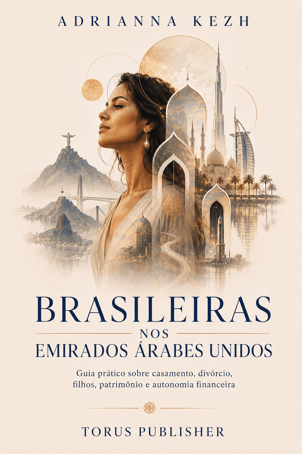 Capa do livro: uma mulher de perfil, olhando para cima, com a paisagem do Rio de Janeiro à esquerda e a de Dubai à direita fundidas em aquarela dourada. Título “Brasileiras nos Emirados Árabes Unidos”, de Adrianna Kezh.